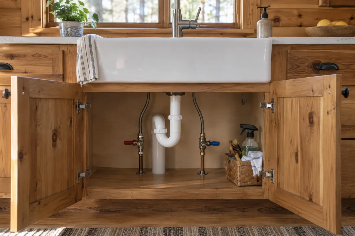 An open cabin sink cabinet with visible supply valves and plumbing.