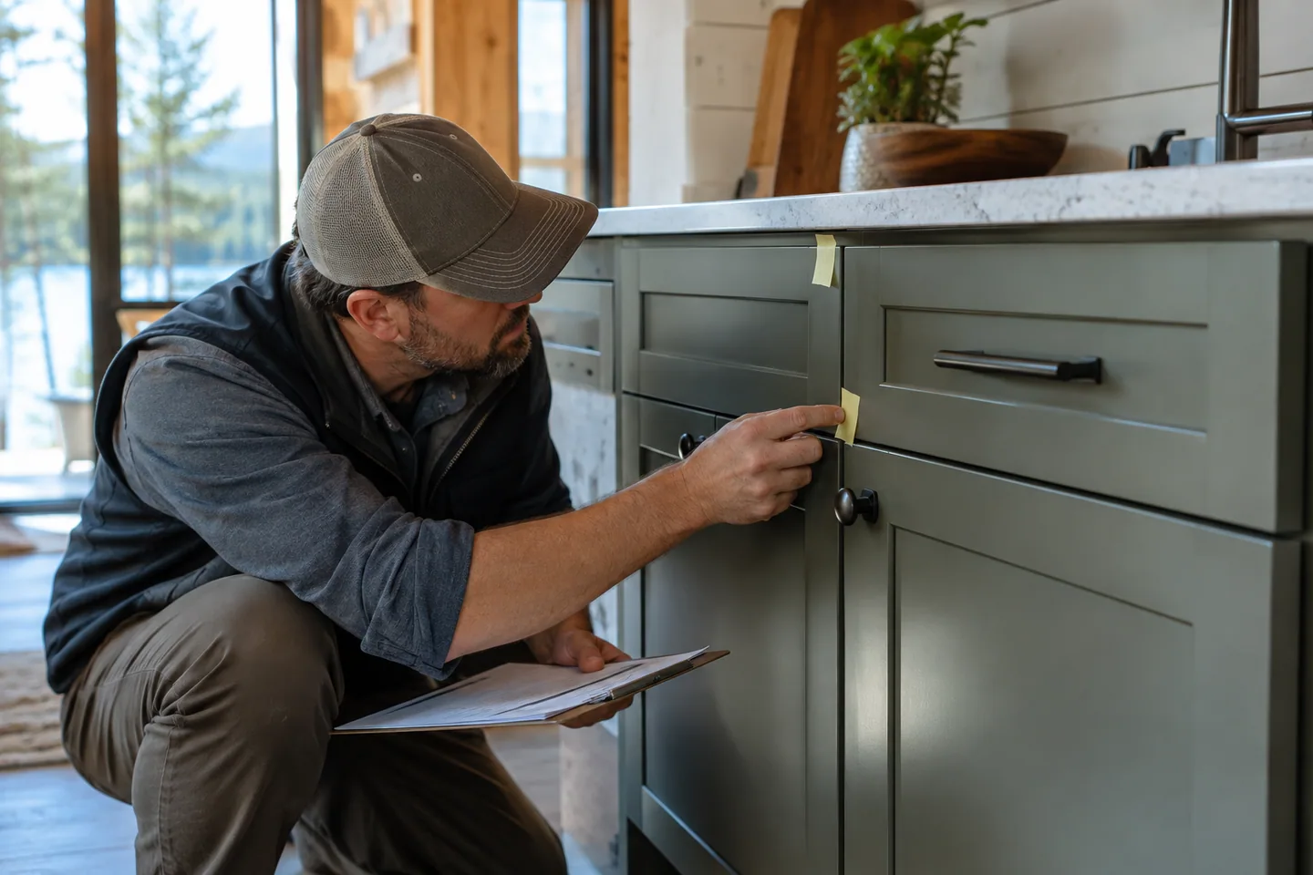 Small removable tape markers on a cabinet edge and door trim during a cabin handover inspection