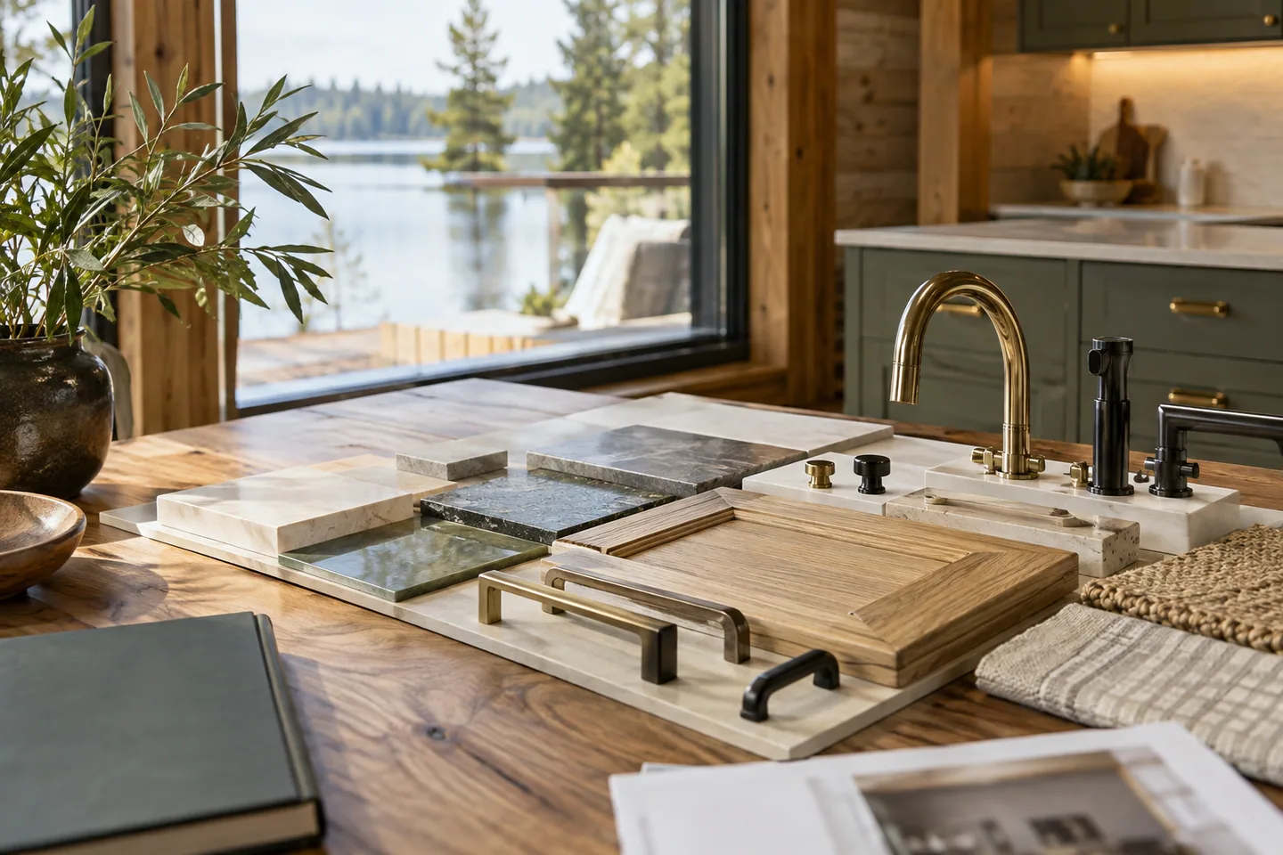 A spread of contrasting ceramic tiles, cabinet pulls and tap finishes on a cabin kitchen sample board