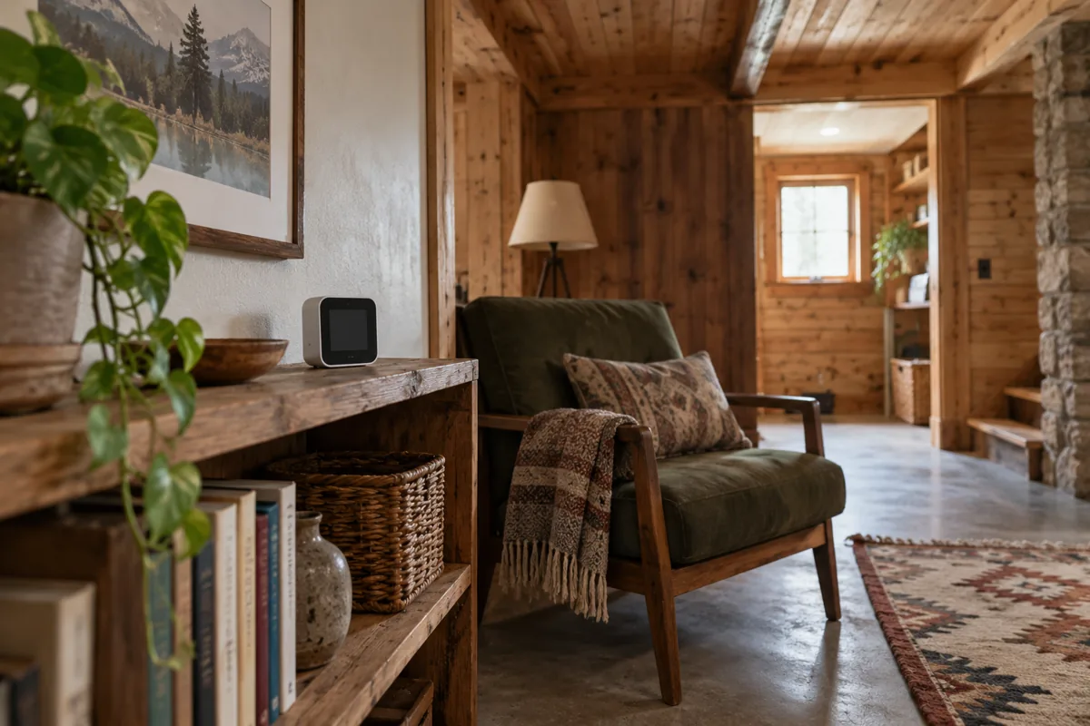 A small radon monitor on a shelf in a timber cabin room.