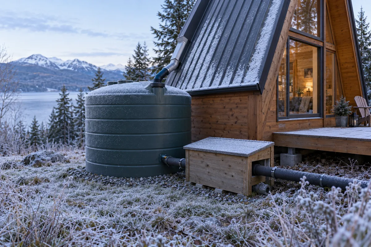 Rainwater tank and protected pipe enclosure beside a frosty A-frame cabin.