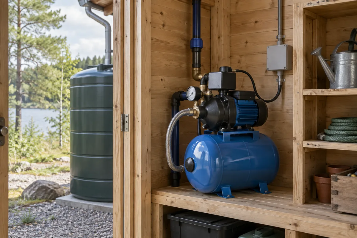 A rainwater pump and pressure vessel inside a wooden utility shed.