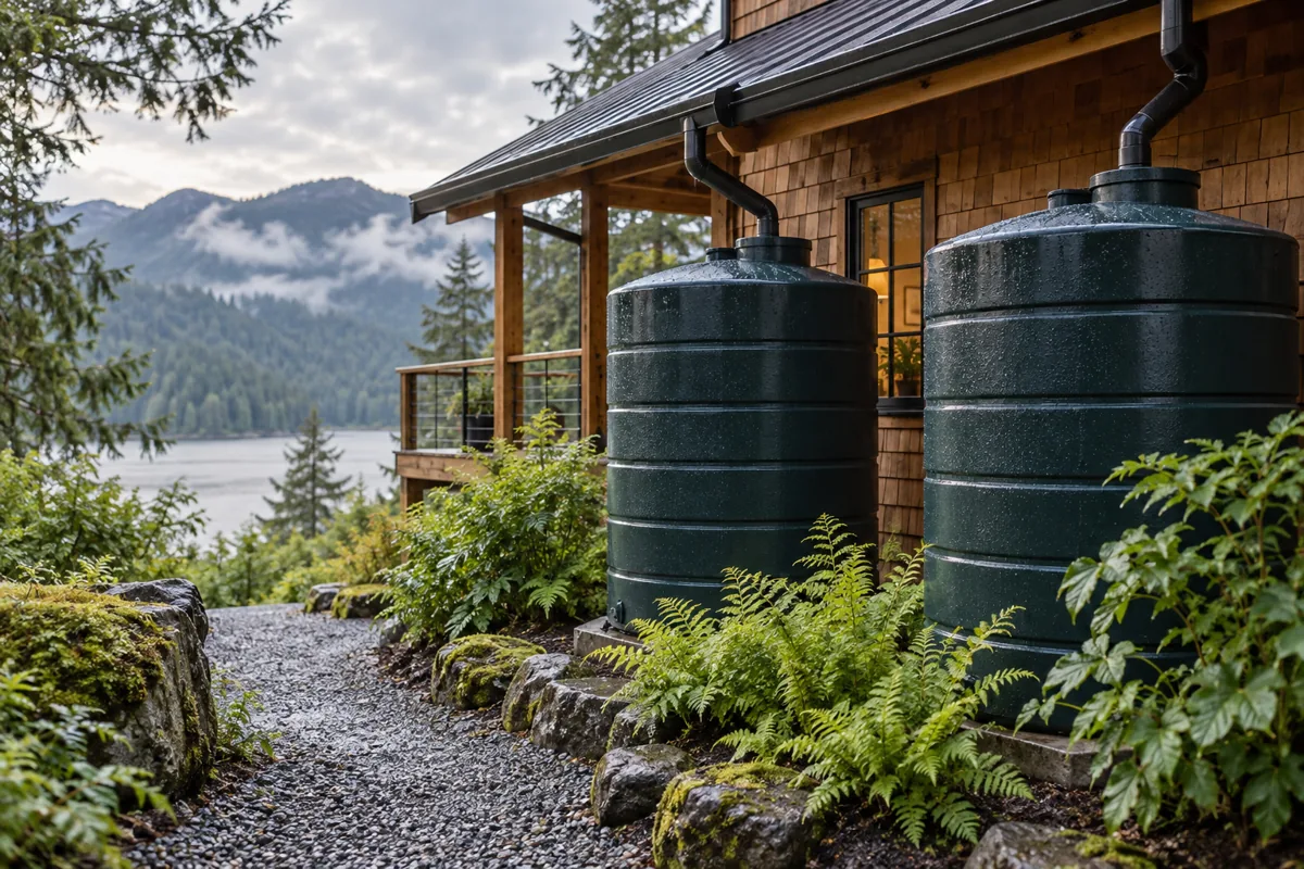 Two rainwater storage tanks beside a cedar cabin and a fern-lined path.