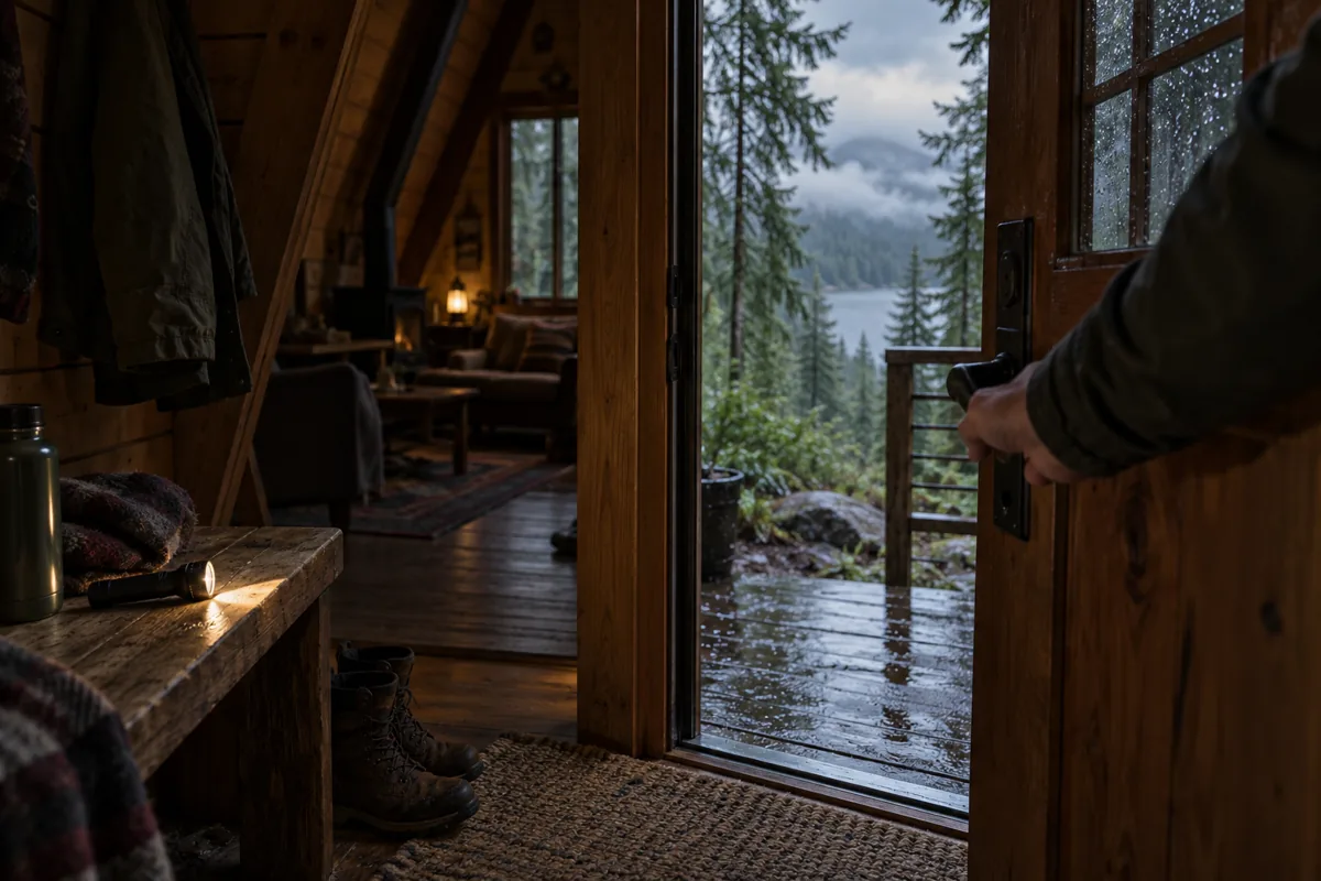 A cabin door opening onto a dim interior after wet weather.