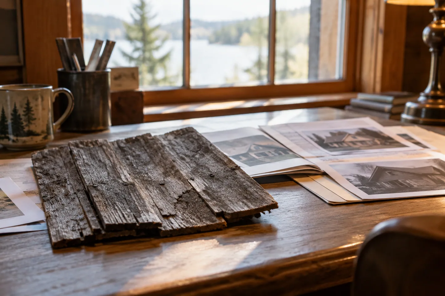 Aged roof sample shingle and a small folder of building photographs on an owner's desk