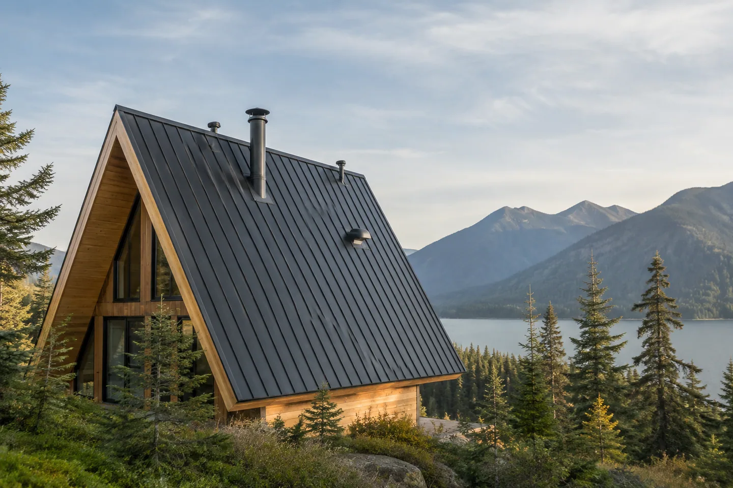 An A-frame roof with carefully spaced vent outlets photographed from a safe distant viewpoint