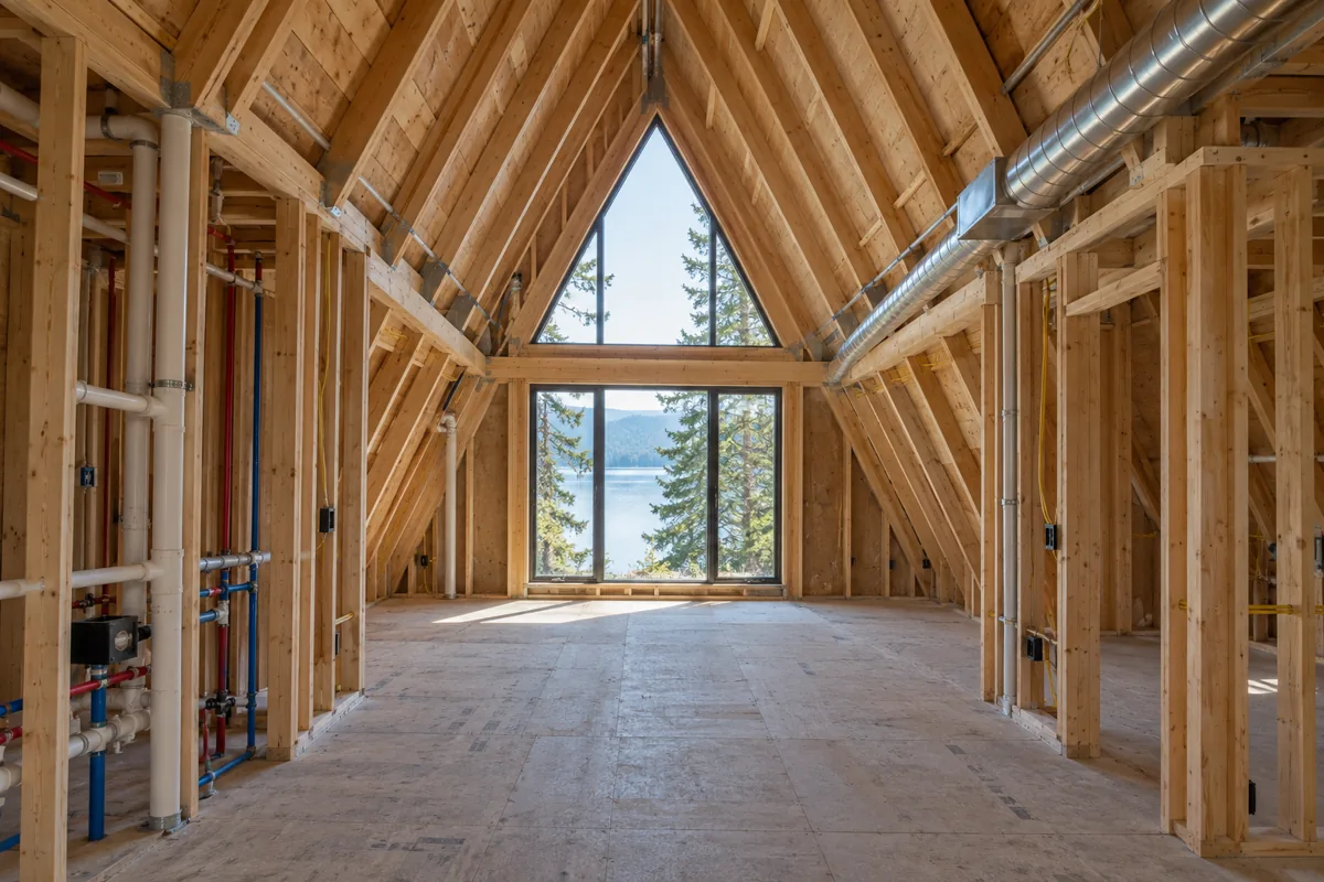 Exposed framing, pipes and wiring during an A-frame cabin rough-in.