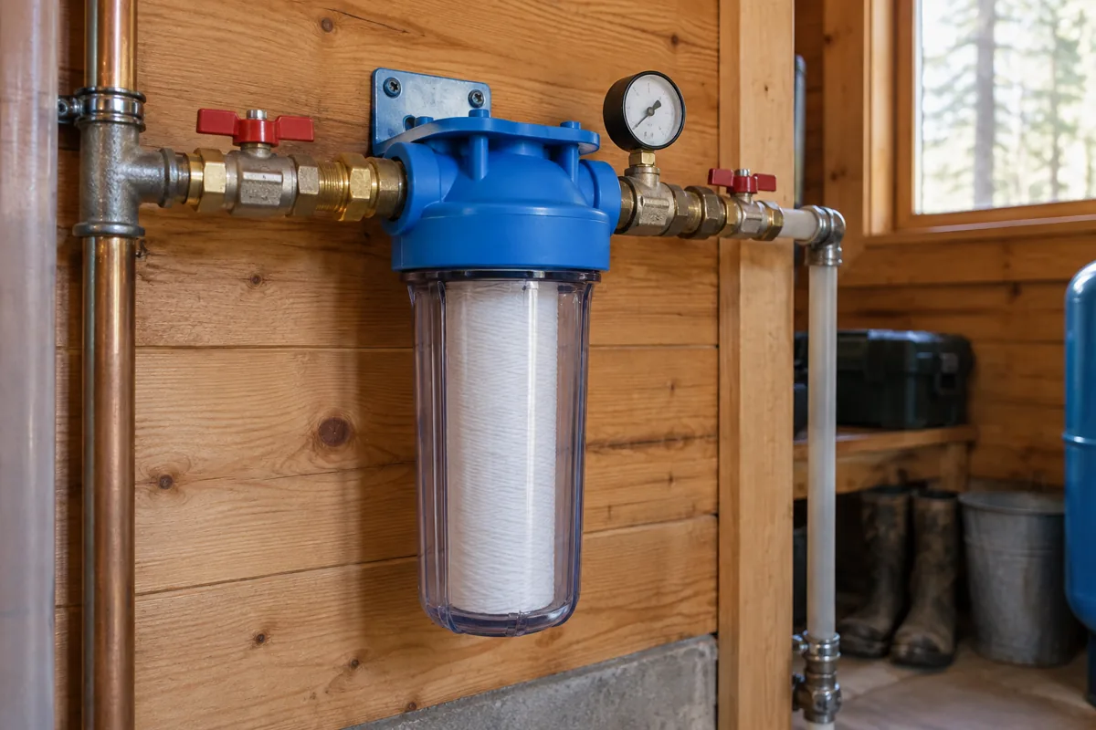 A sediment filter, pressure gauge and accessible valves on a cabin utility wall.