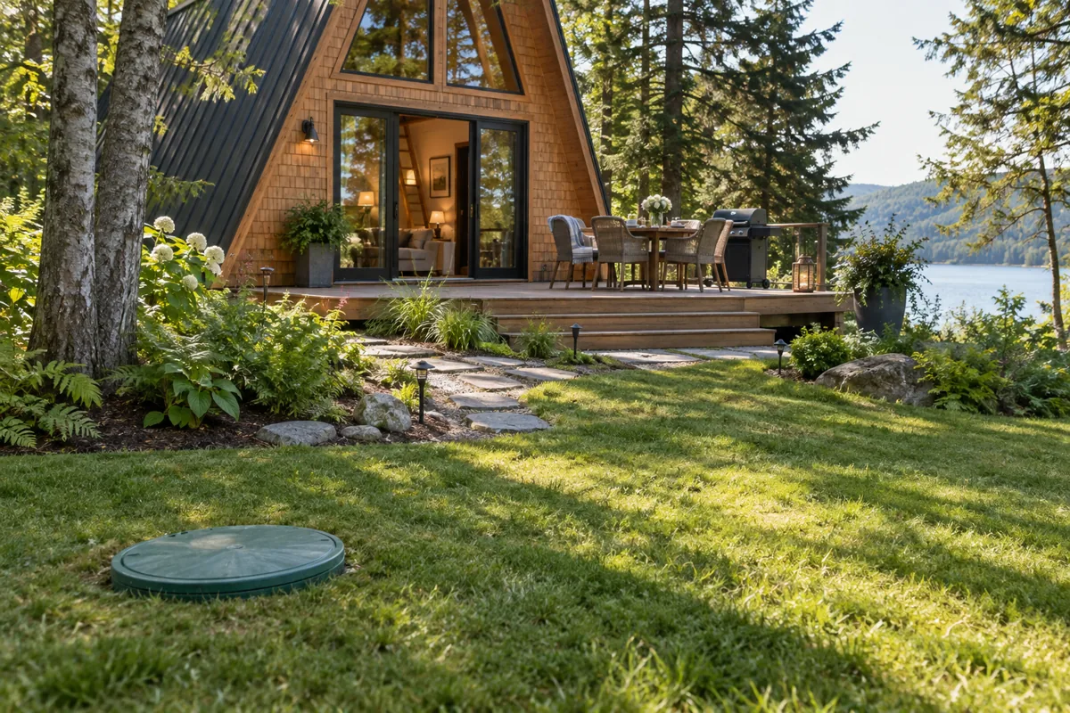 A septic inspection cover in the lawn beside a small A-frame cabin.