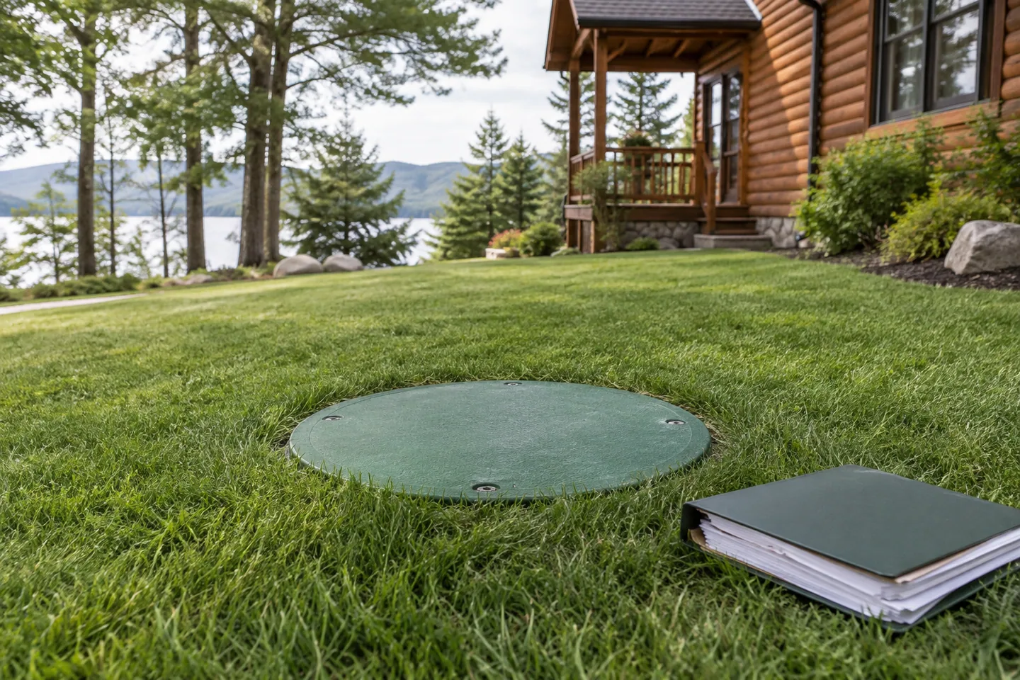 A neatly closed septic access cover flush with mown grass at a cabin property, records folder nearby