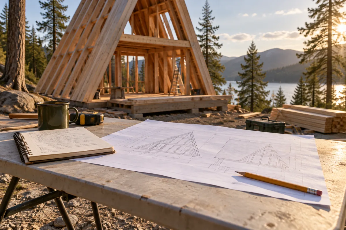 A site notebook and cabin drawing on a worktable in front of timber framing.