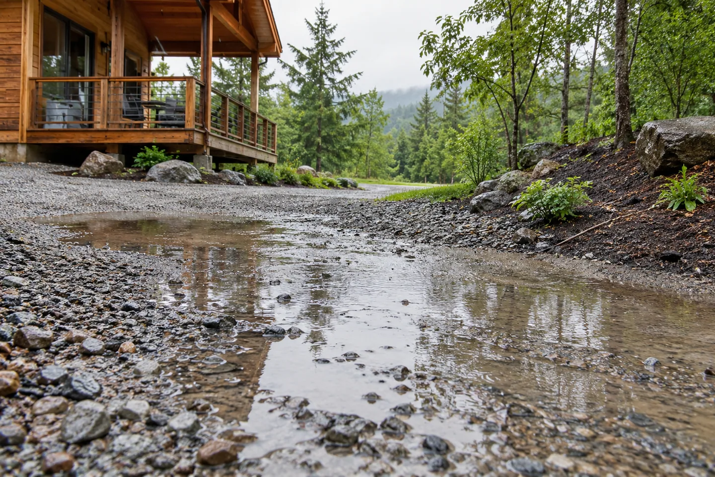 Rainwater puddles and shallow surface runoff across gravel near a cabin after a shower, observational view