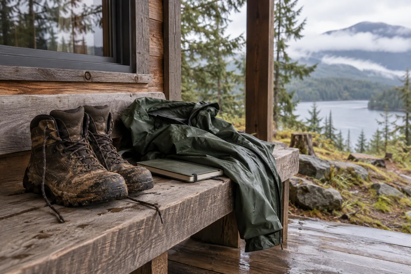 Muddy hiking boots, a rain jacket and a closed field notebook on a cabin site-visit bench