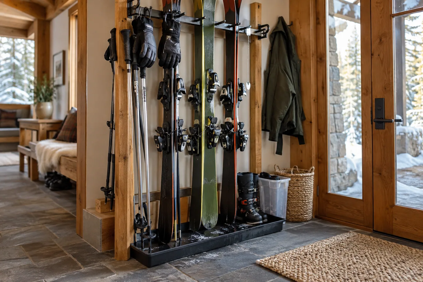 Vertical ski storage rack with wet-gear tray and hanging gloves in a spacious cabin entry
