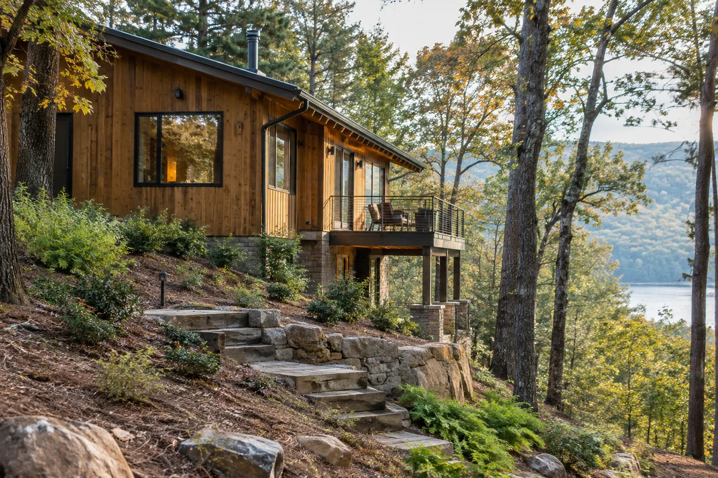 A cabin on a gentle wooded slope seen in profile, terraced access and planted ground retained