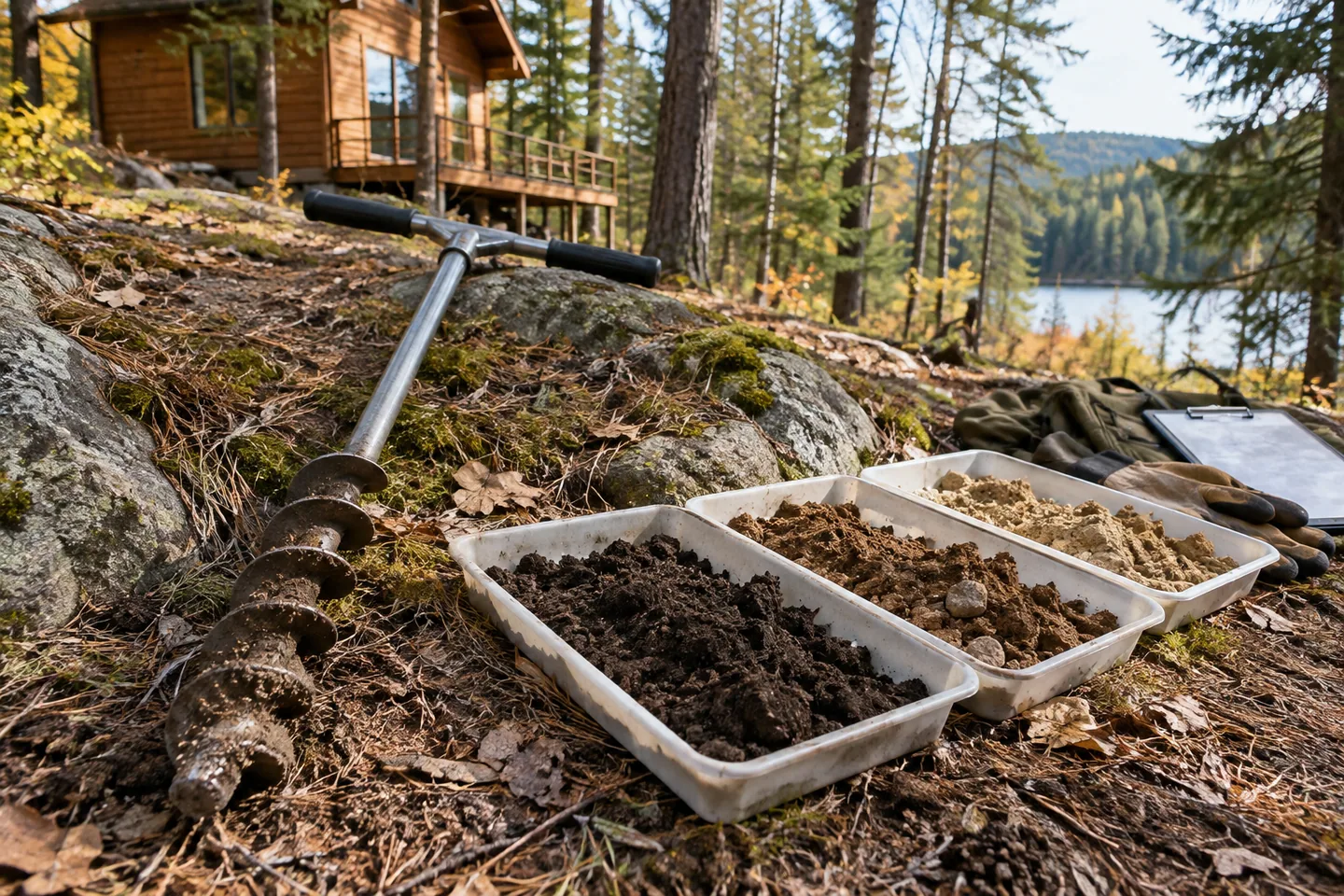 A soil auger and separated soil samples in neutral trays beside a wooded cabin plot