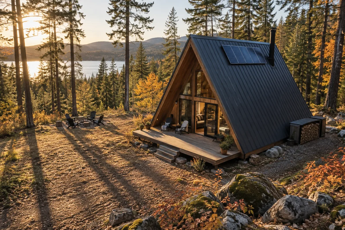 Roof solar panels on a forest cabin with long shadows from neighboring trees.