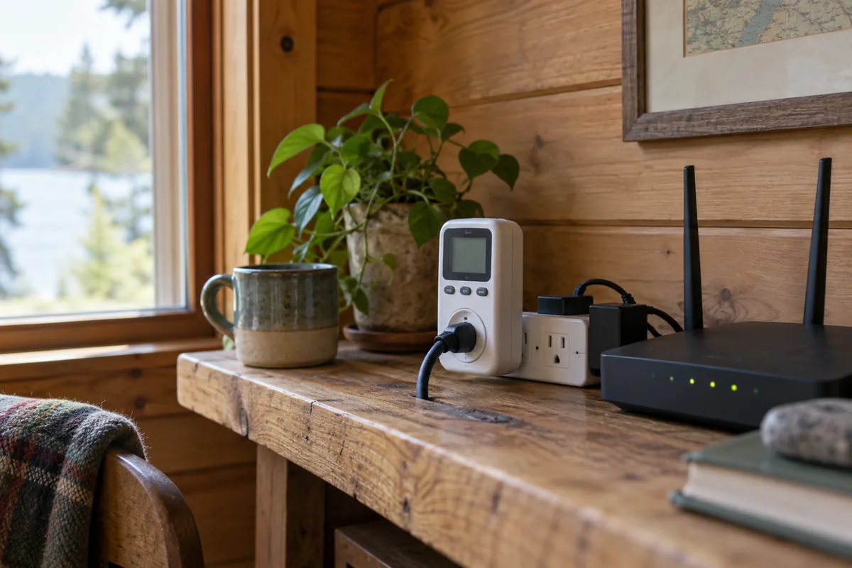 A plug-in electricity meter beside a router and power strip on a cabin shelf.