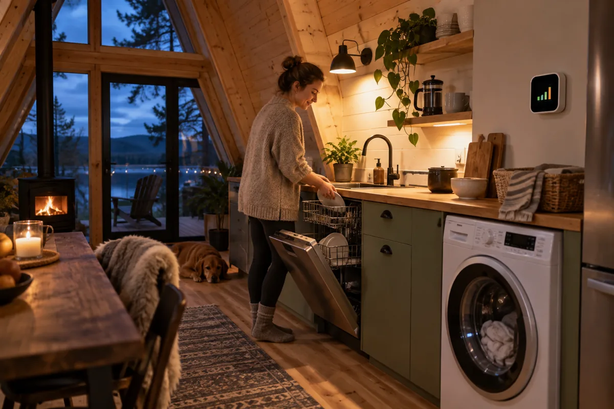 Cabin kitchen with a dishwasher and washing machine in evening light.