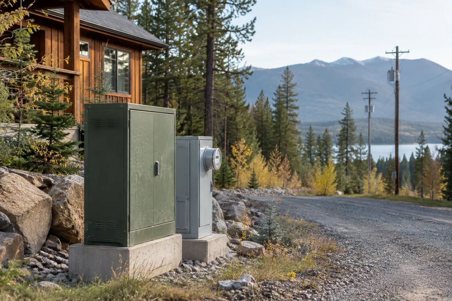 Closed utility meter cabinets at the edge of a cabin plot, distant service poles