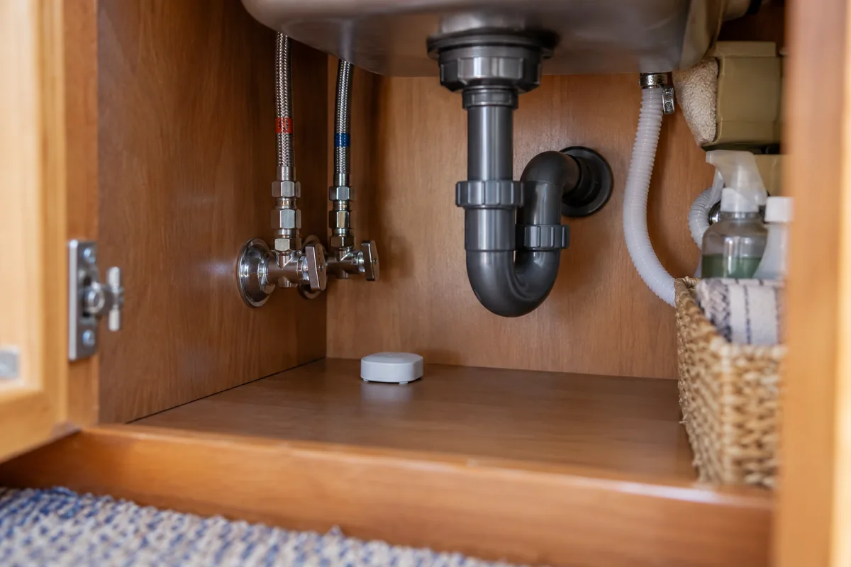 A small water-leak sensor on the cabinet floor beneath a cabin sink.