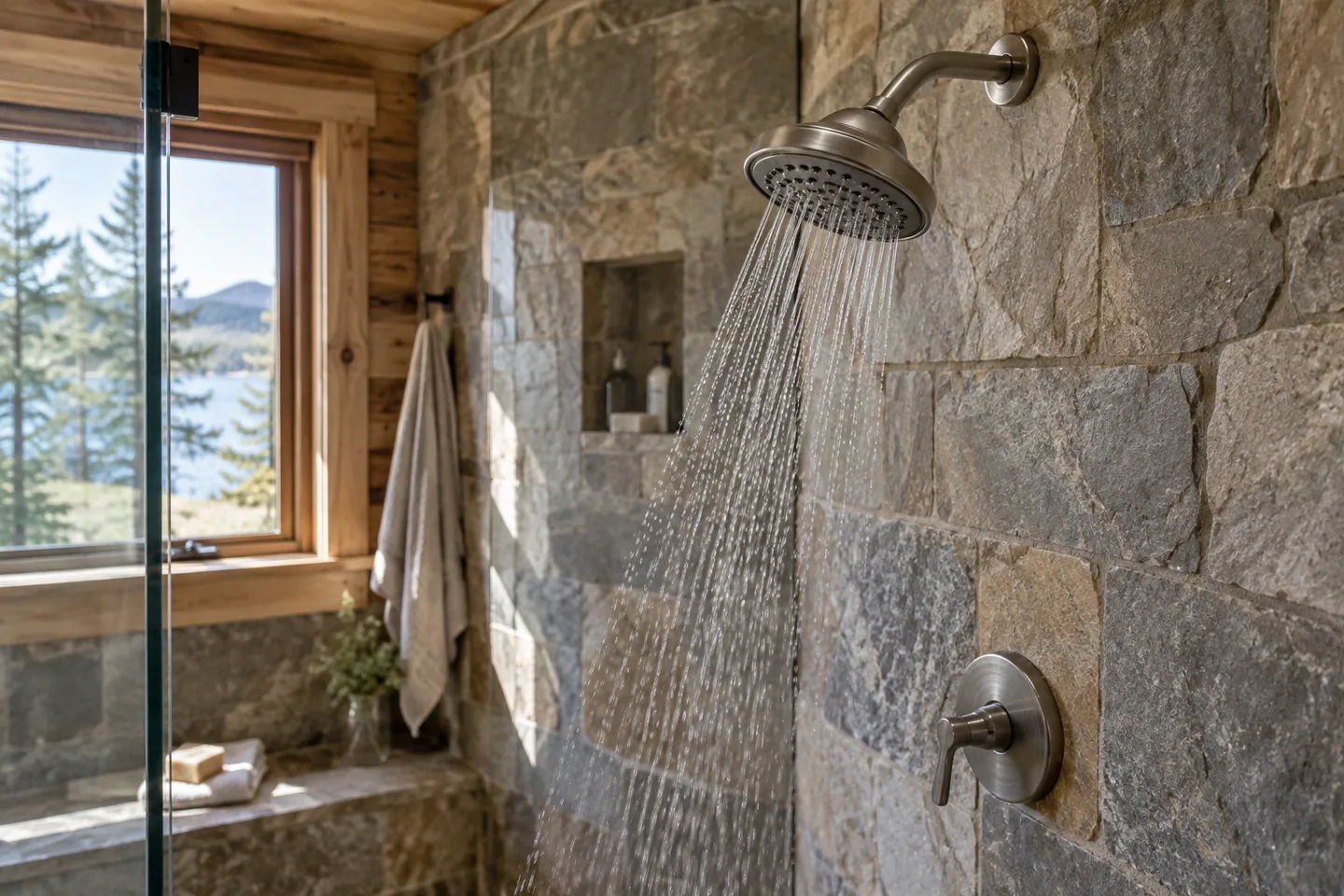 A showerhead with a gentle stream of water in a simple stone cabin shower, detailed close view