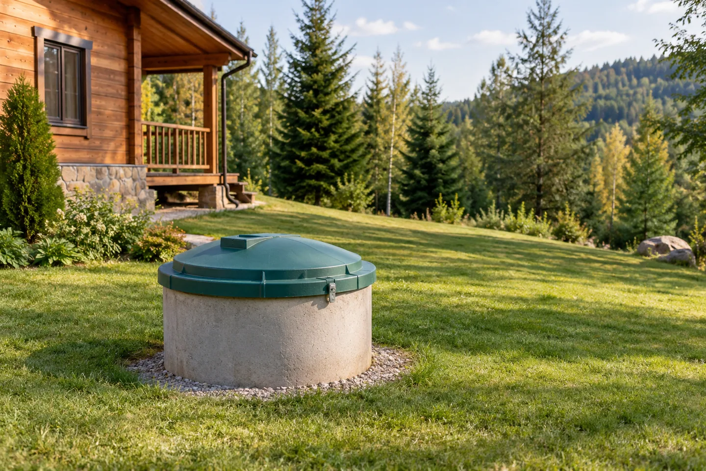 A covered wellhead in a grassy cabin yard with clean surroundings and distant woodland