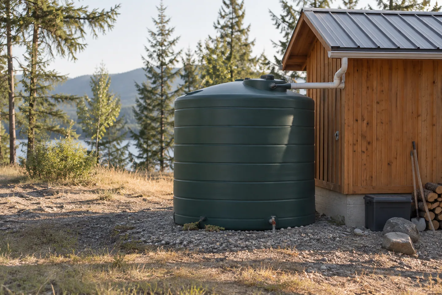 A sealed cylindrical outdoor water storage tank beside a modest utility shed in a dry clearing