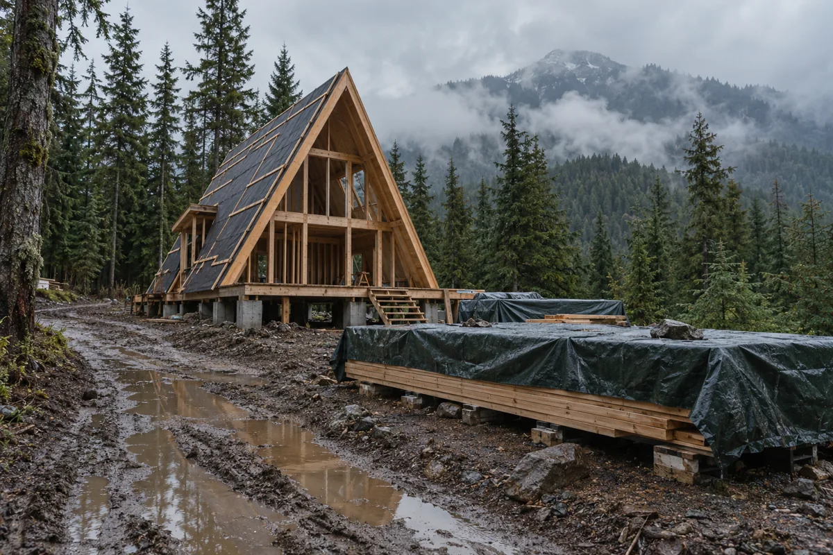 A-frame cabin construction site after rainfall, with protected lumber and a muddy access road.