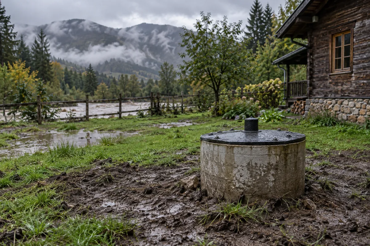 A capped wellhead in wet ground beside a cabin after heavy rainfall.