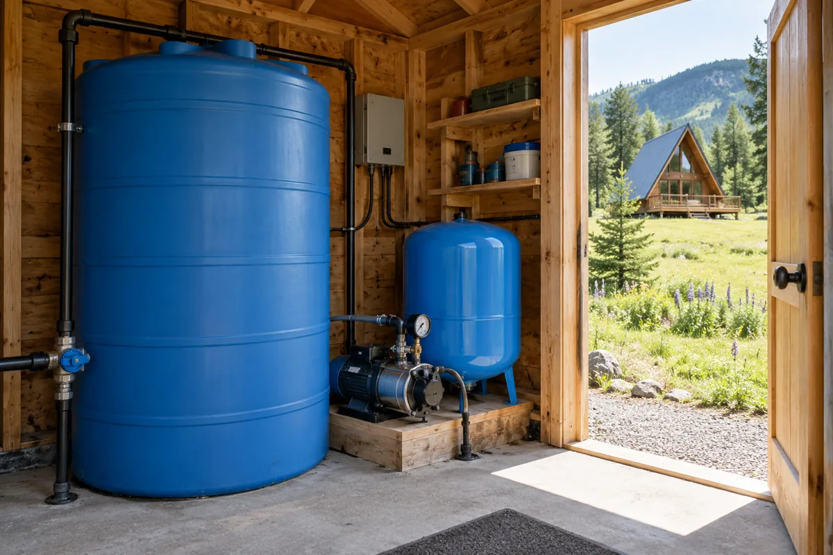 Water storage and pressure tanks inside a pump house overlooking an A-frame cabin.