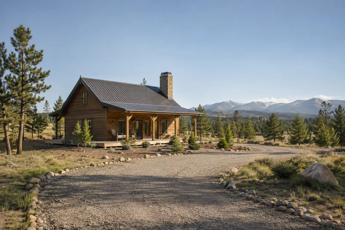 A cabin in maintained open surroundings with sparse low vegetation and broad access