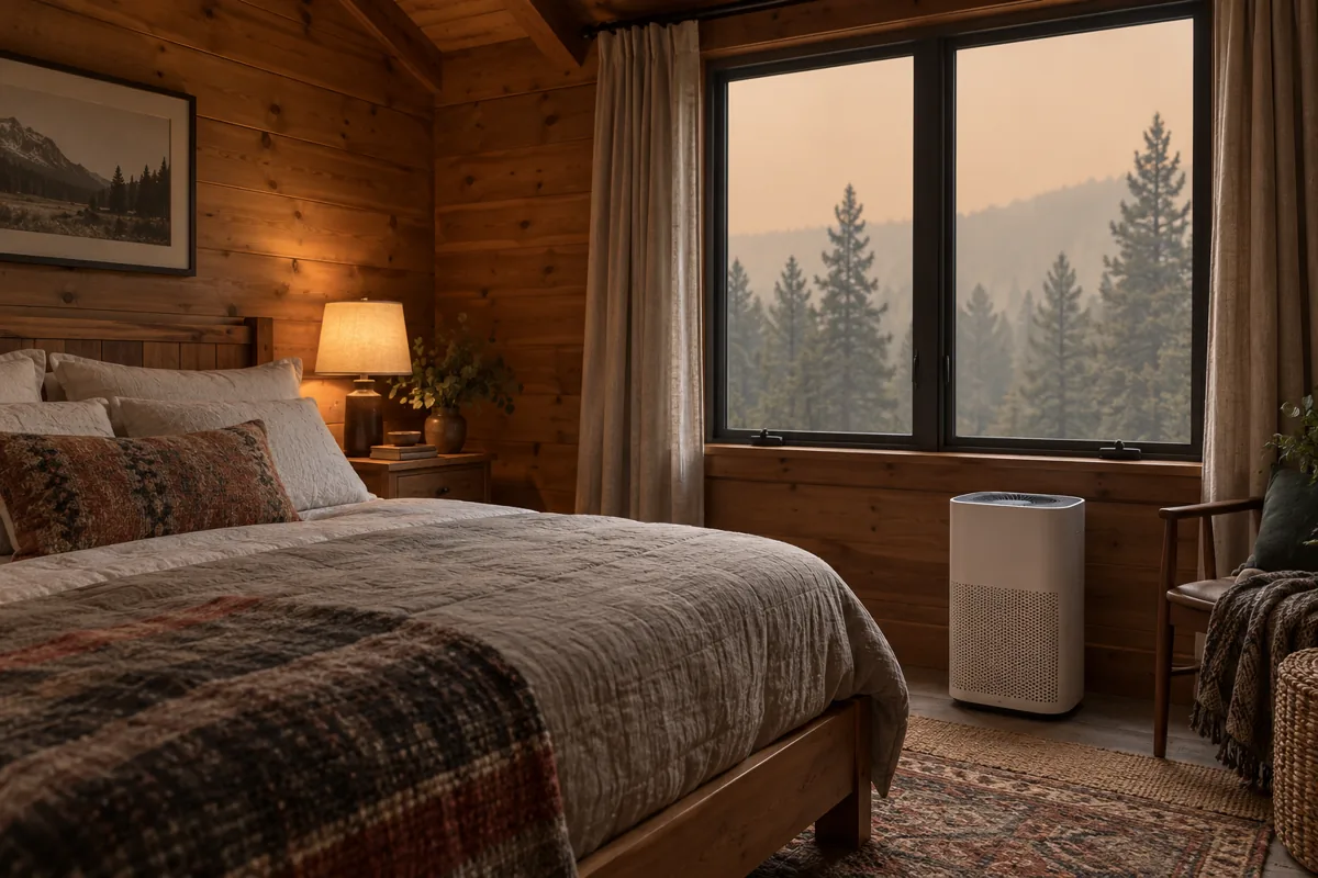 A cabin bedroom with an air purifier and a closed window overlooking smoky woodland.