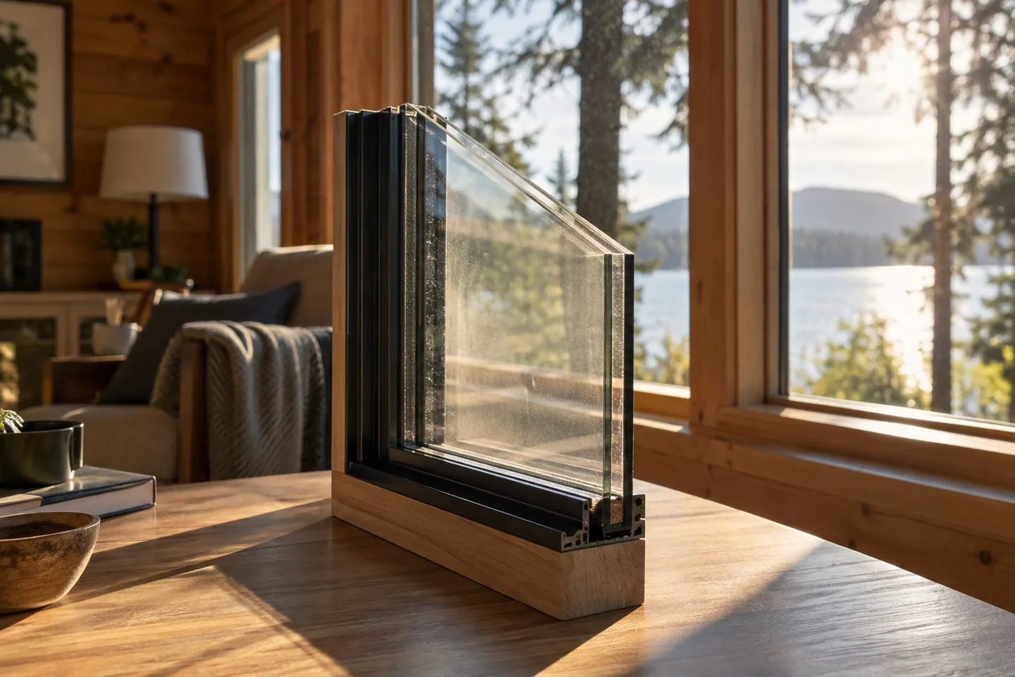 Sun falling across a framed window glass sample and a softly shaded cabin interior behind it