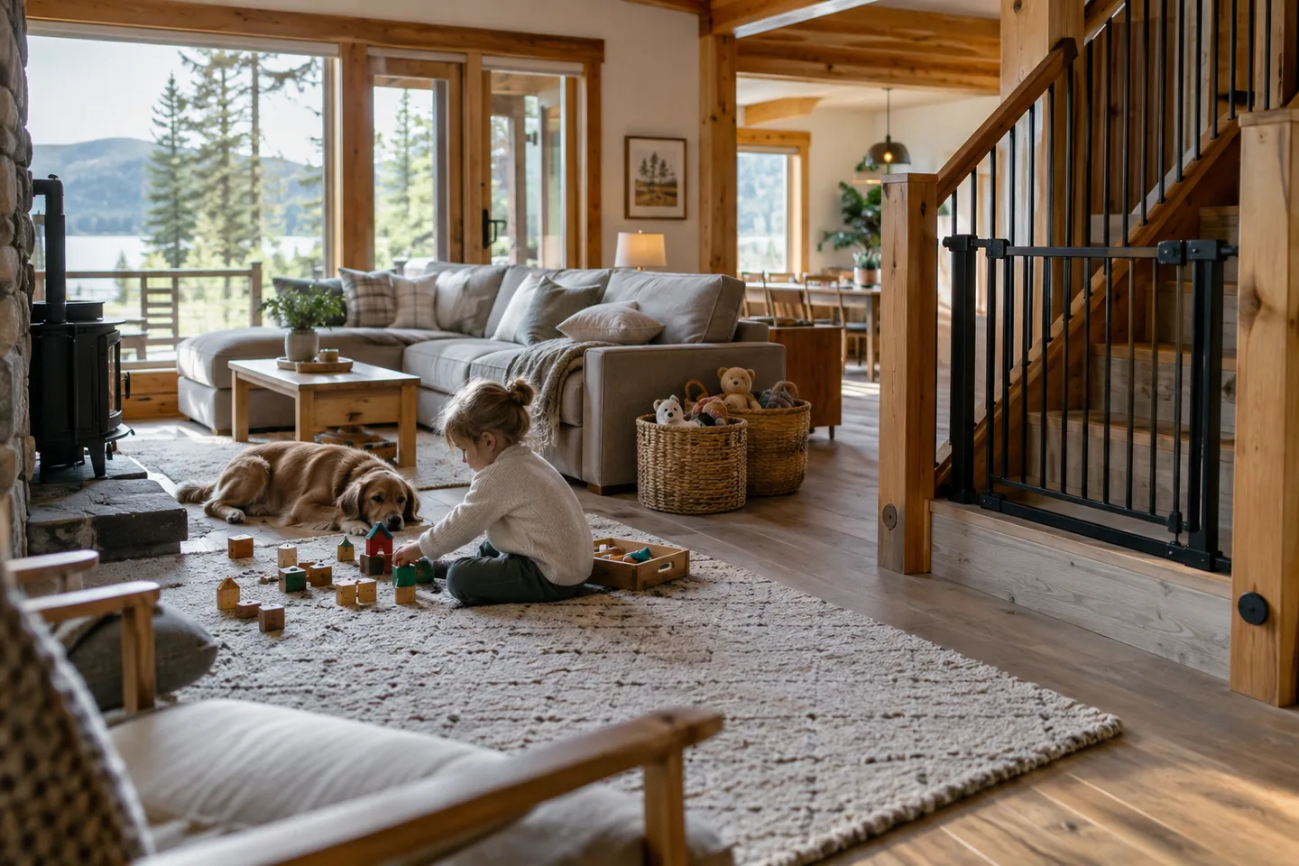 A child-friendly ground-floor cabin living area with toy baskets, soft rug and secure stair gate