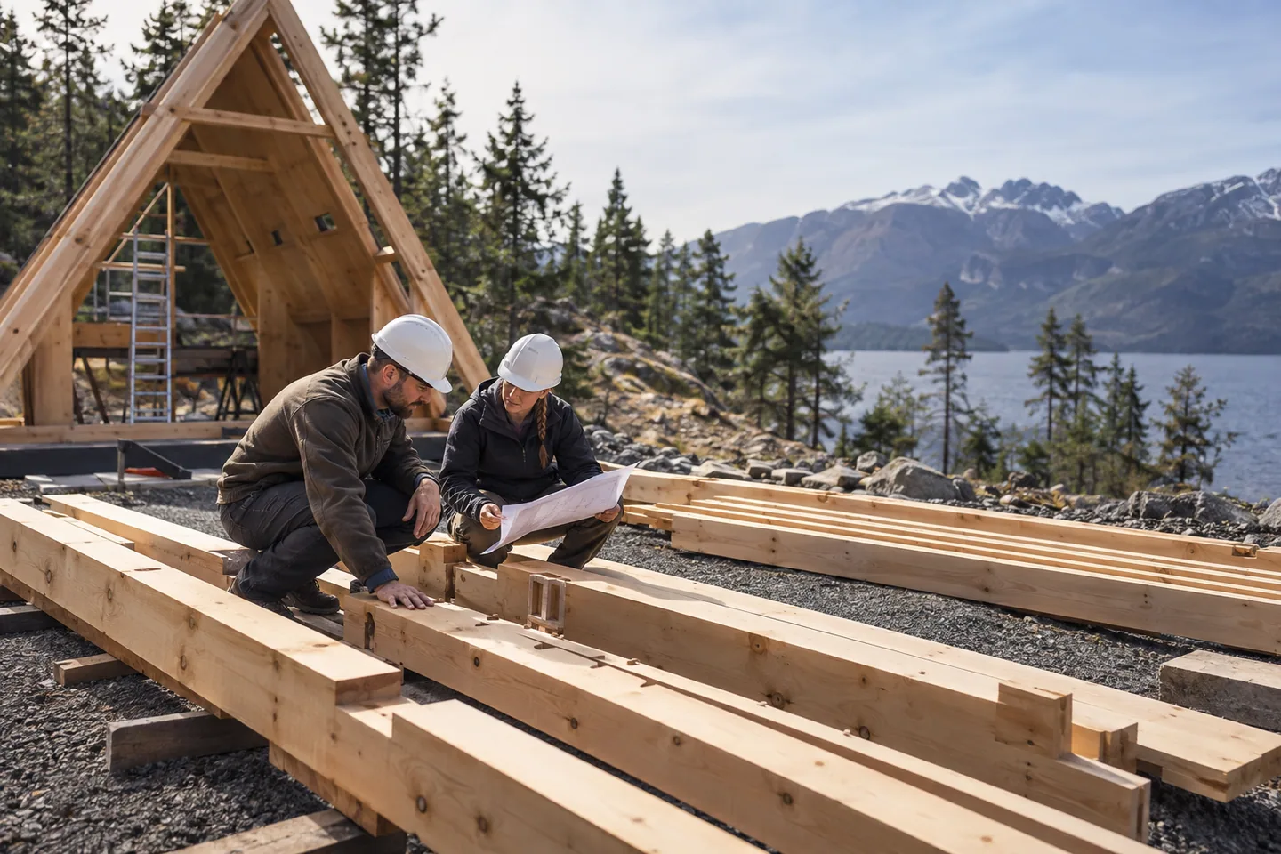 Two adults in appropriate work clothes and safety helmets reviewing timber components safely on the ground at a cabin site
