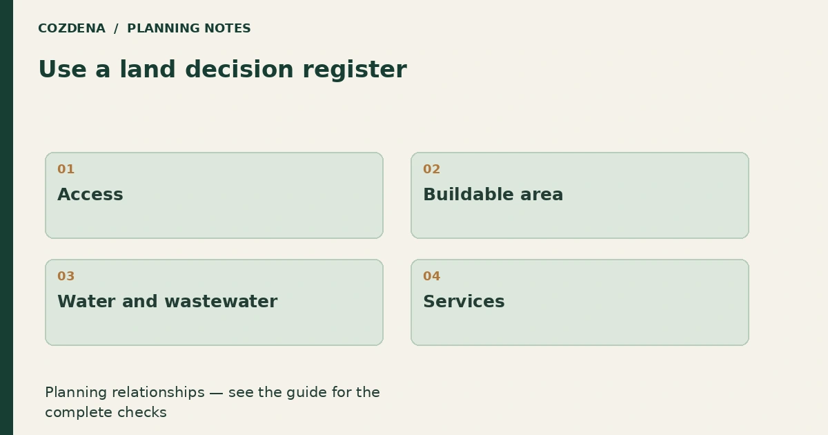 Planning diagram: Access; Buildable area; Water and wastewater; Services.