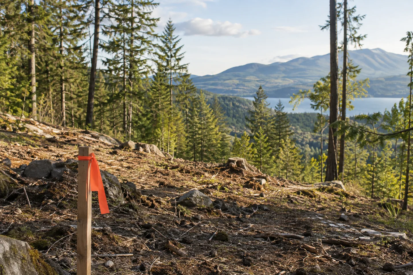 Unbuilt wooded hillside seen from a clearing with a simple survey stake in foreground