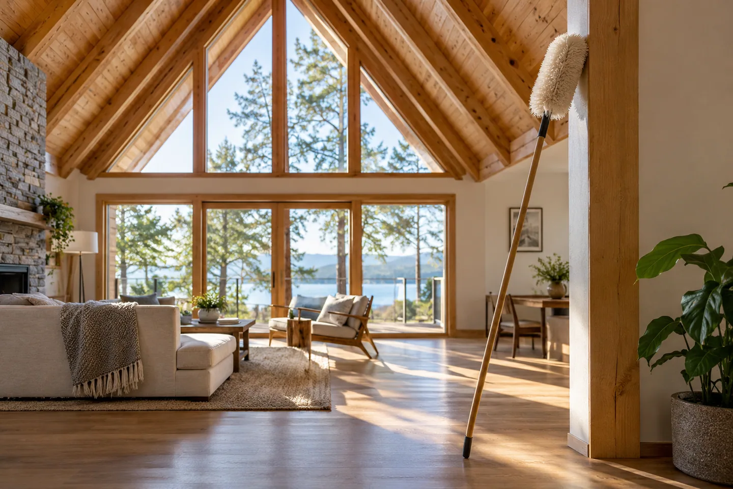 A long-handled soft duster resting below tall A-frame rafters, clear floor