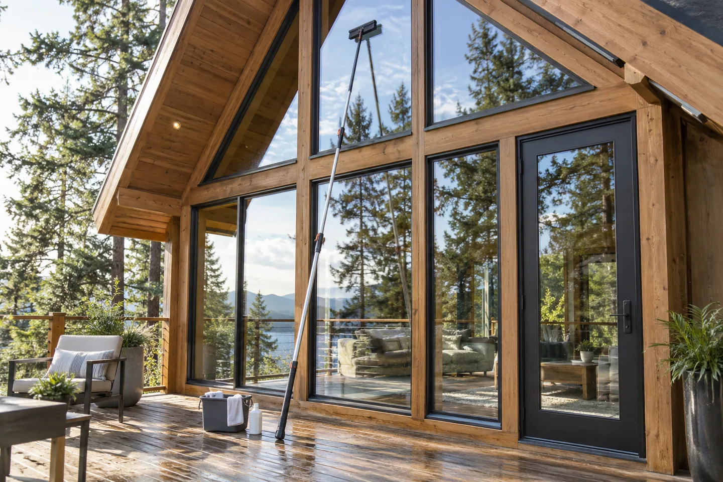 A long telescopic window-cleaning pole resting on a cabin deck below tall glazing, nobody working at height