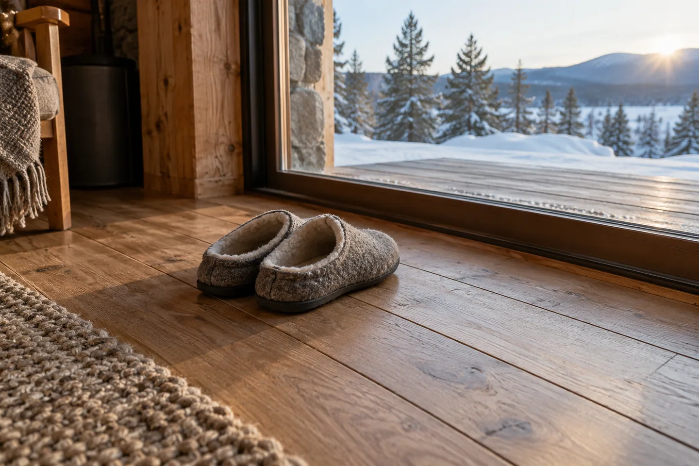 Wool slippers on a cold-looking timber cabin floor near a glazed door, low morning light
