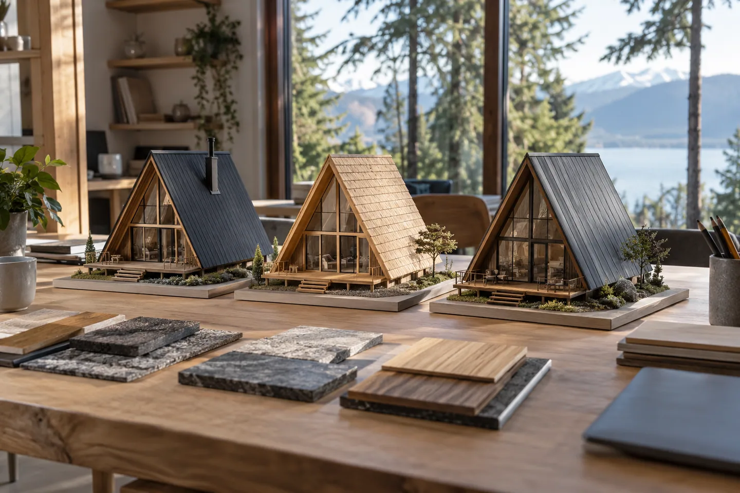 Three different timber cabin models aligned on a neutral table with distinct material samples