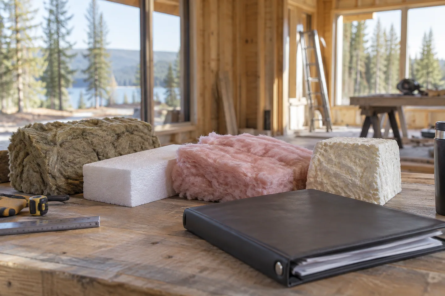 Different insulation samples arranged beside a closed quote folder on a builder's bench