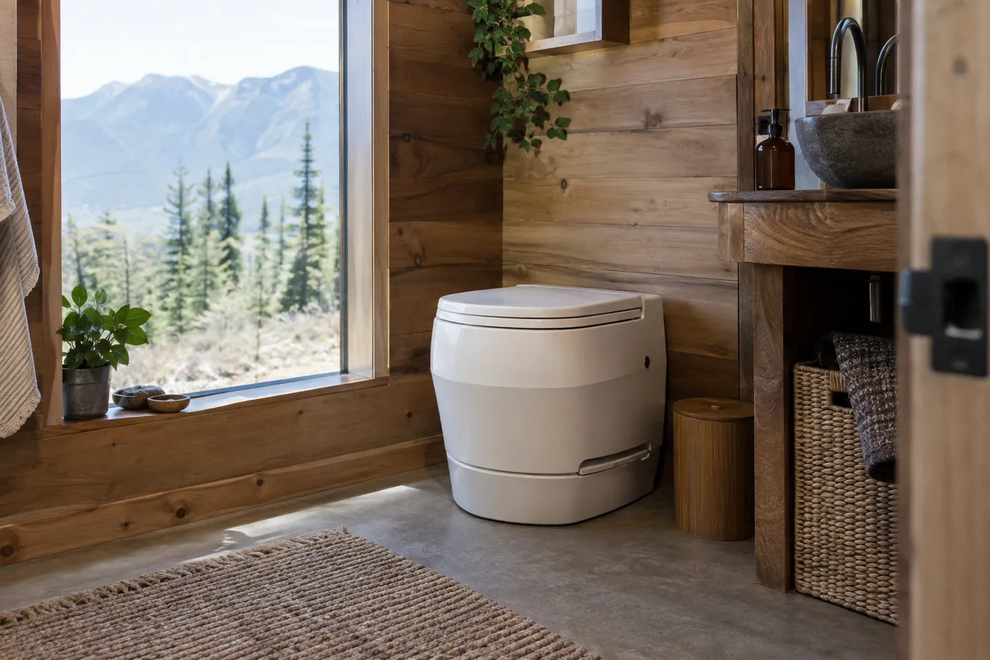A modern self-contained composting toilet in a clean off-grid cabin bathroom