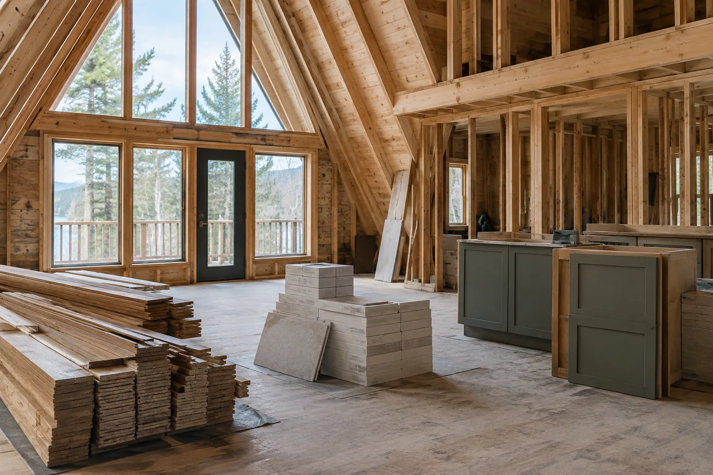 Unfinished cabin interior with separate stacks of flooring, bathroom tiles and kitchen cabinetry ready for installation