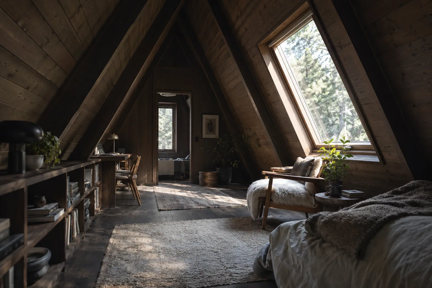 A quiet dark timber interior receiving a pool of daylight from a well-placed roof window