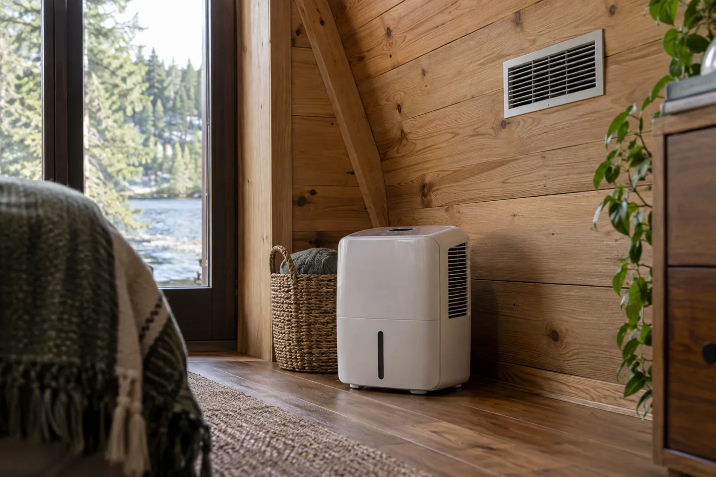A small portable dehumidifier in a cabin room with a separate high wall ventilation grille