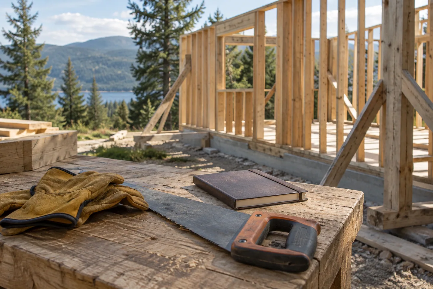 Work gloves, a hand saw and a closed notebook on a timber bench beside an assembled cabin wall frame