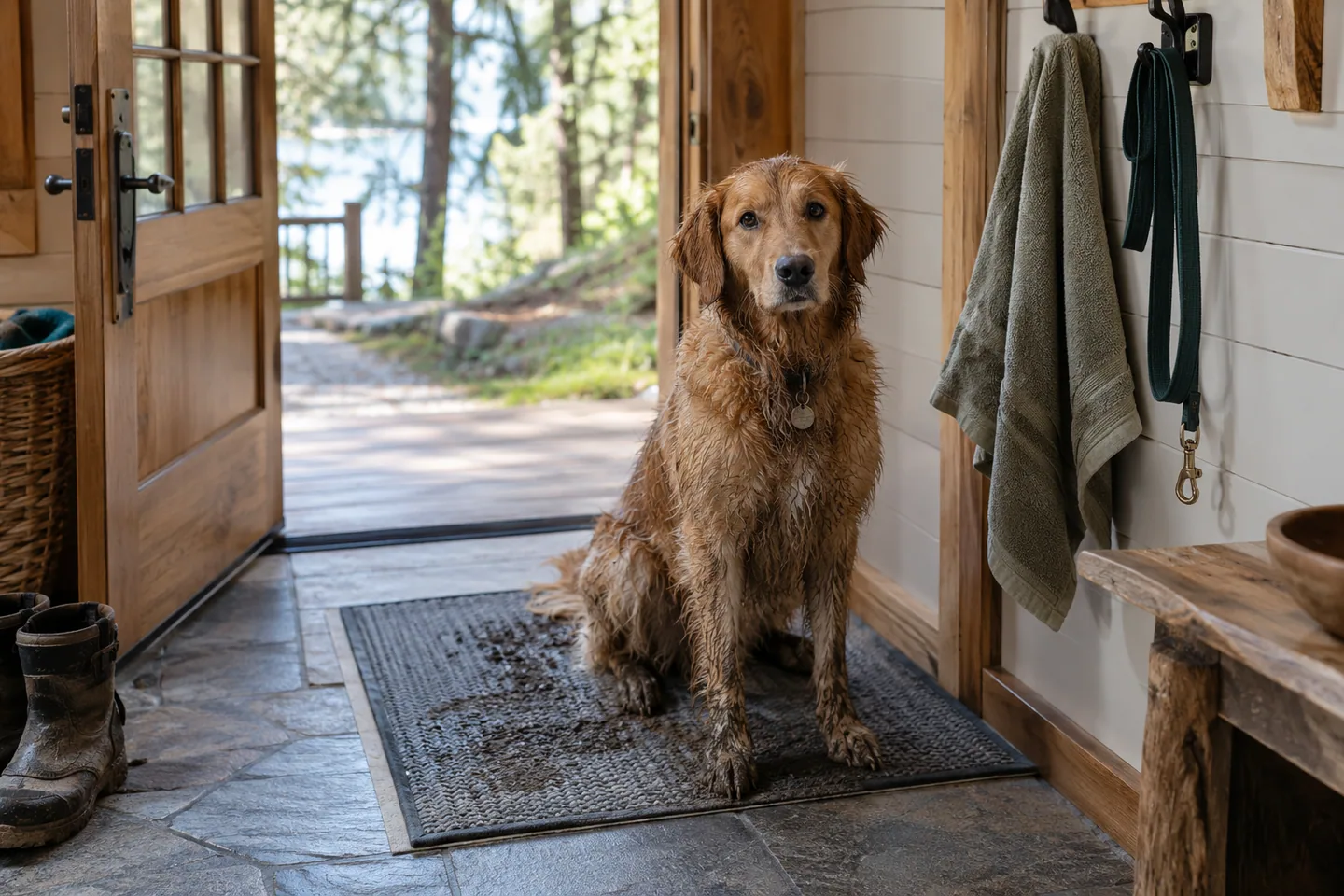 A muddy dog waiting on a washable entry mat beside a towel hook and leash at a cabin doorway
