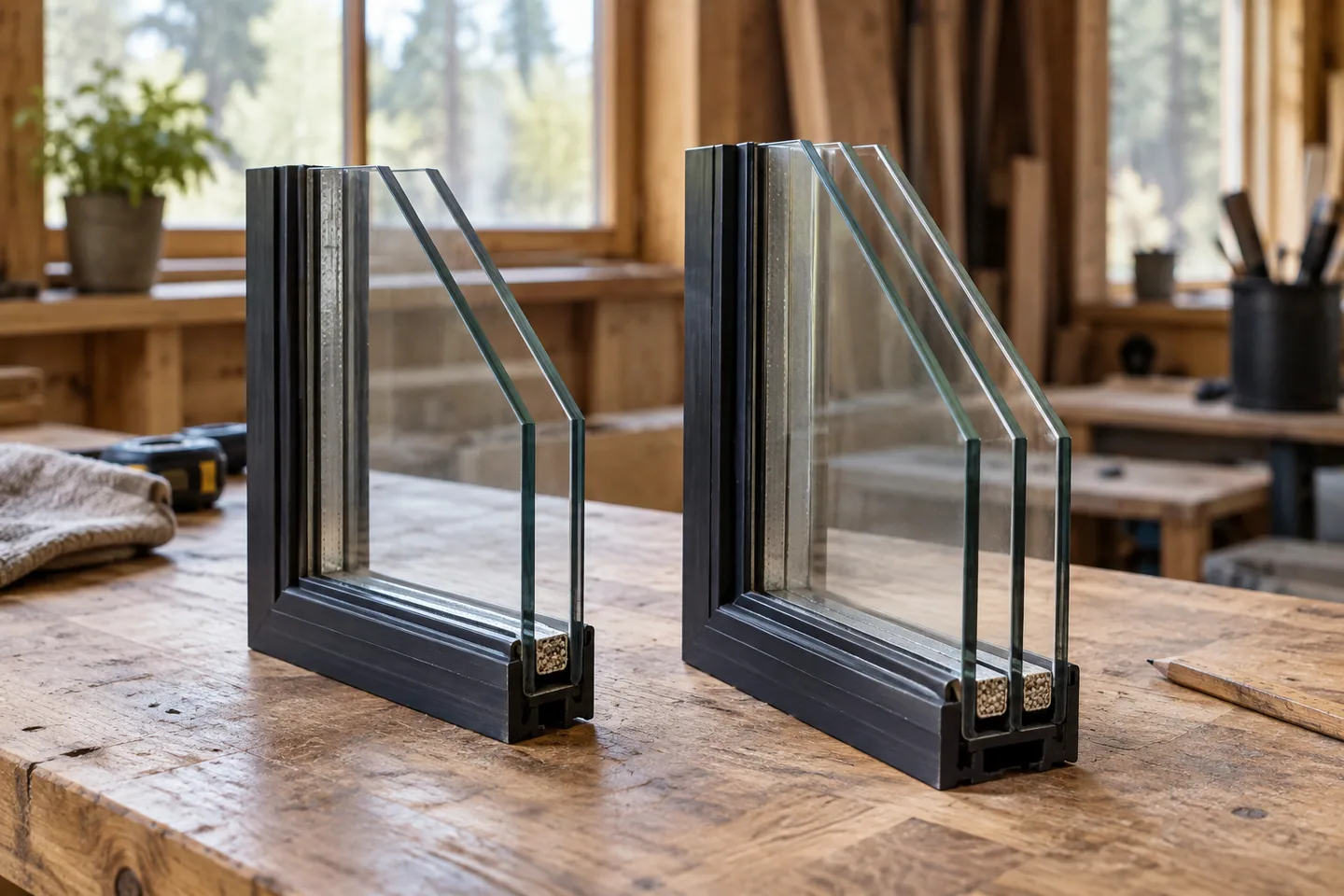 Two clean insulated glass sample sections displayed upright on a plain workbench